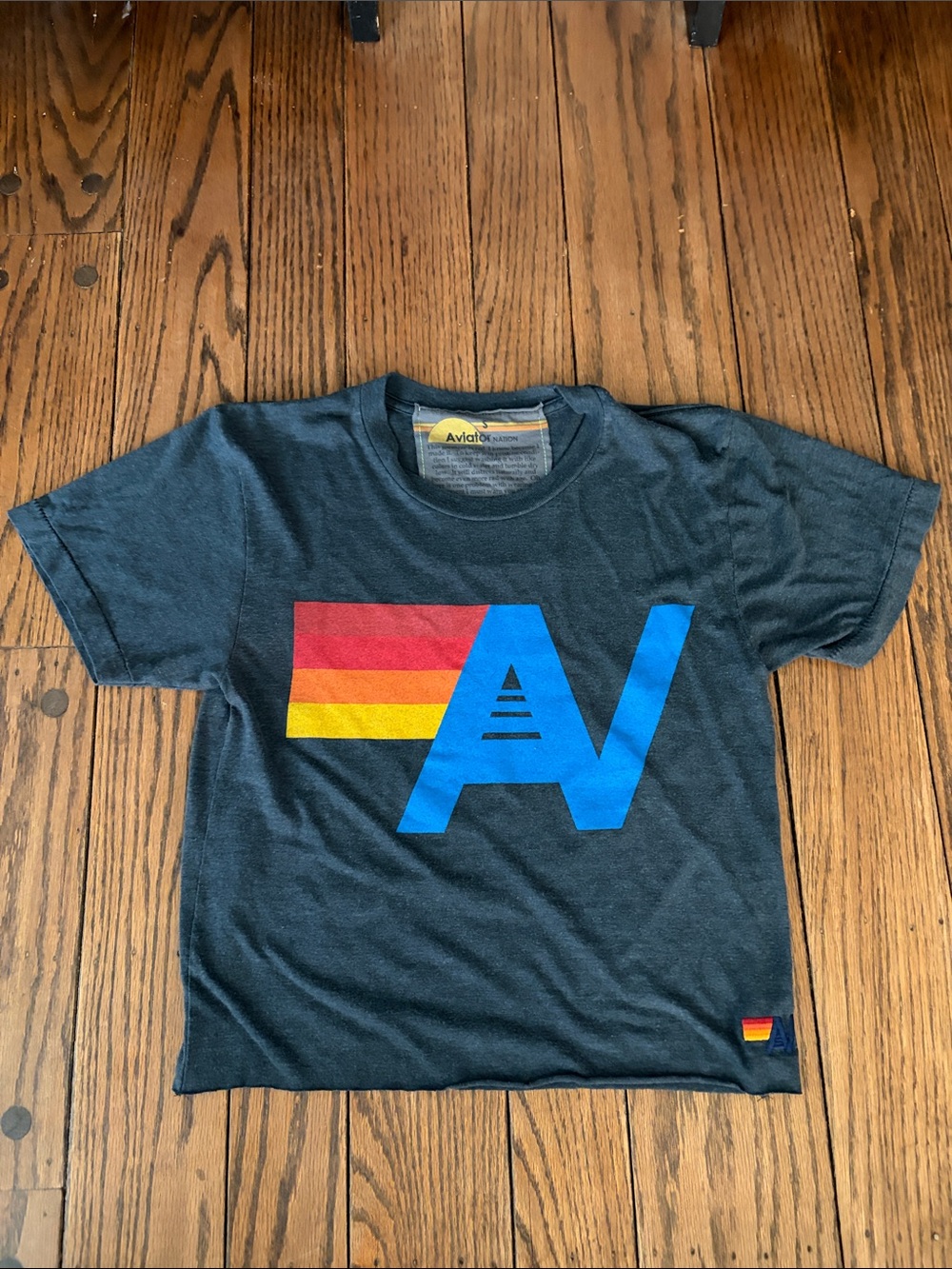Aviator Nation Charcoal Short-Sleeve Tee with Blue AV and Red/Yellow Stripe